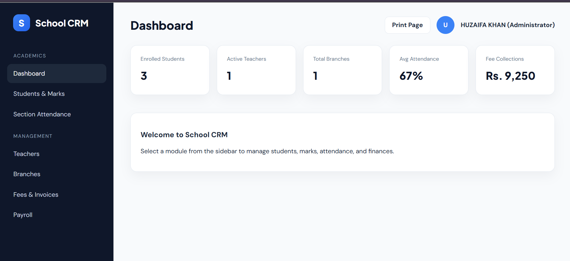 School CRM dashboard screenshot